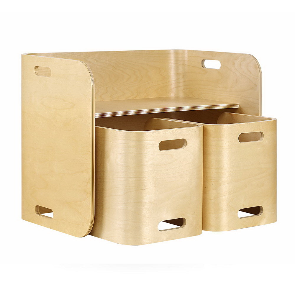 Wooden storage unit with two compartments on a white background