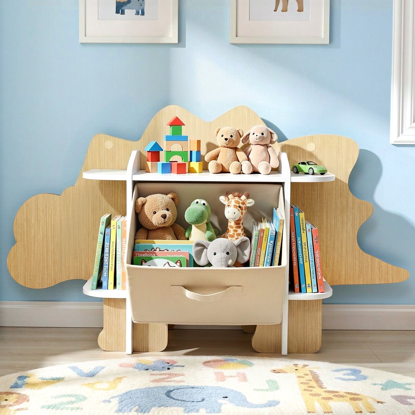 Children's bookshelf with toys and books against a blue wall