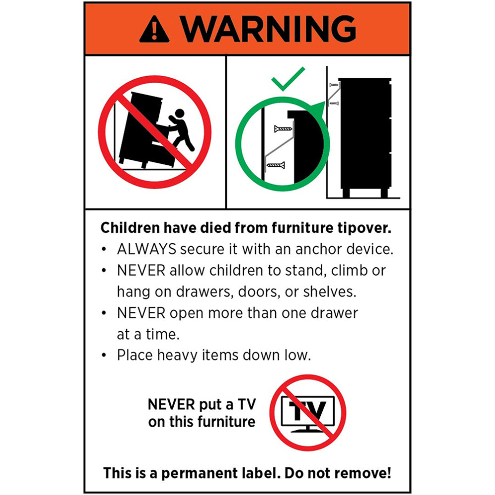 Safety label warning about furniture tipovers and TV placement on furniture
