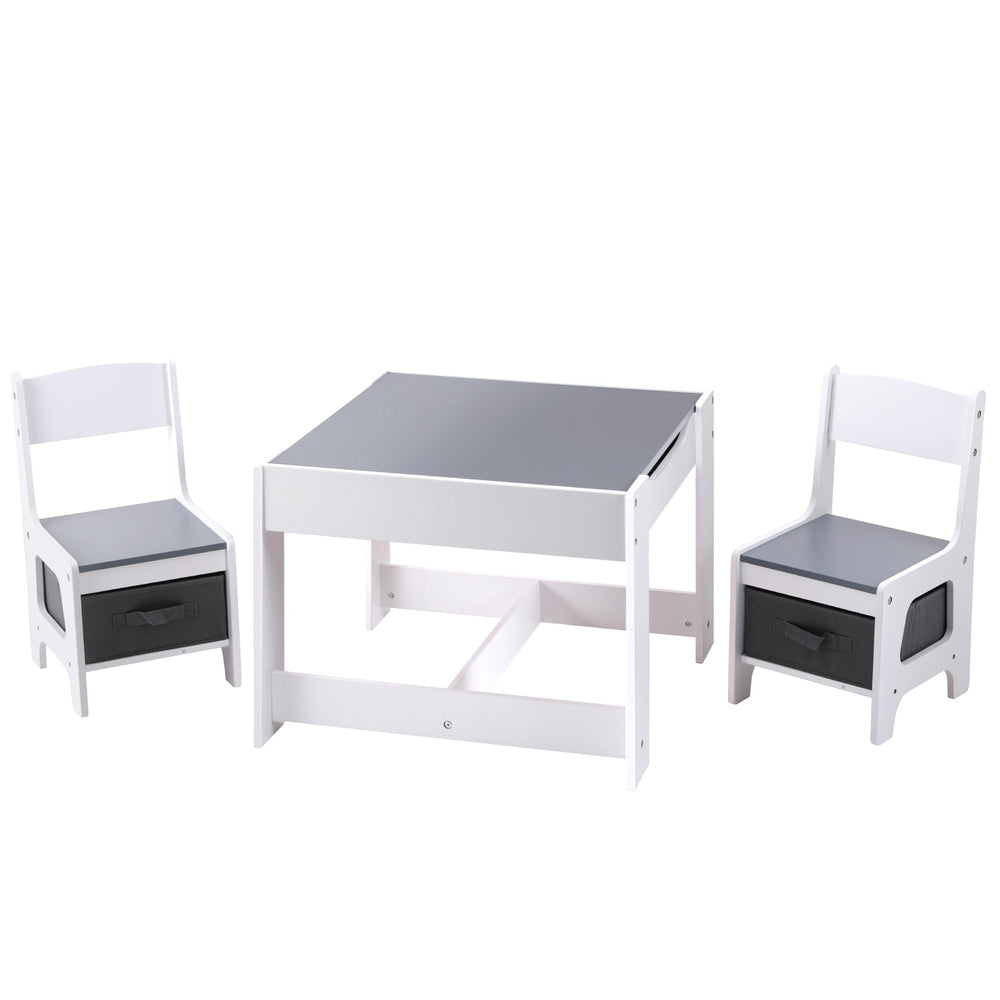 Children's table and chairs set with storage bins on a white background