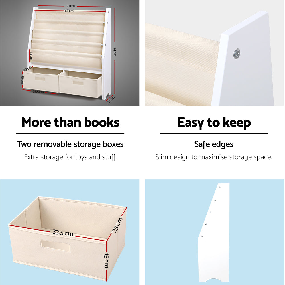 Product display with storage boxes, dimensions, and text about features.