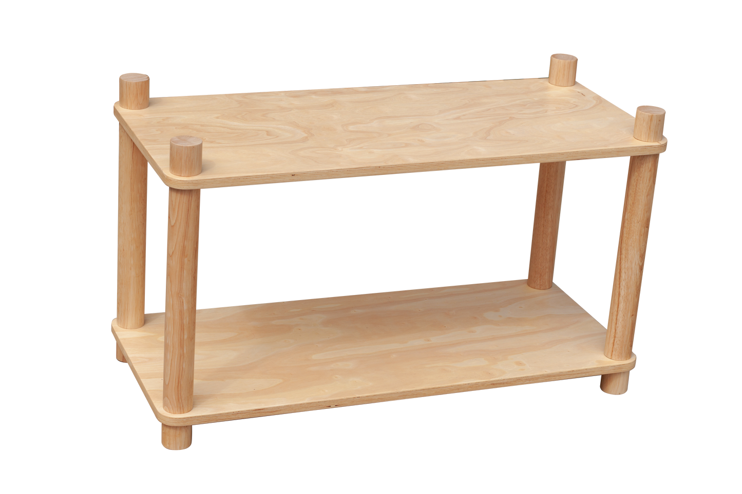 Wooden shelf with two levels on a white background