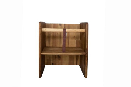 Wooden step stool with a purple strap on a white background