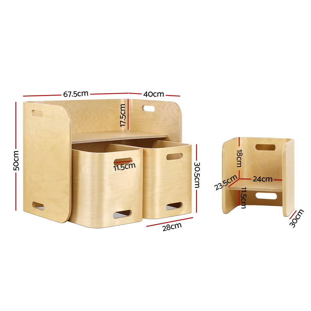 Wooden storage bench with dimensions labeled on a white background