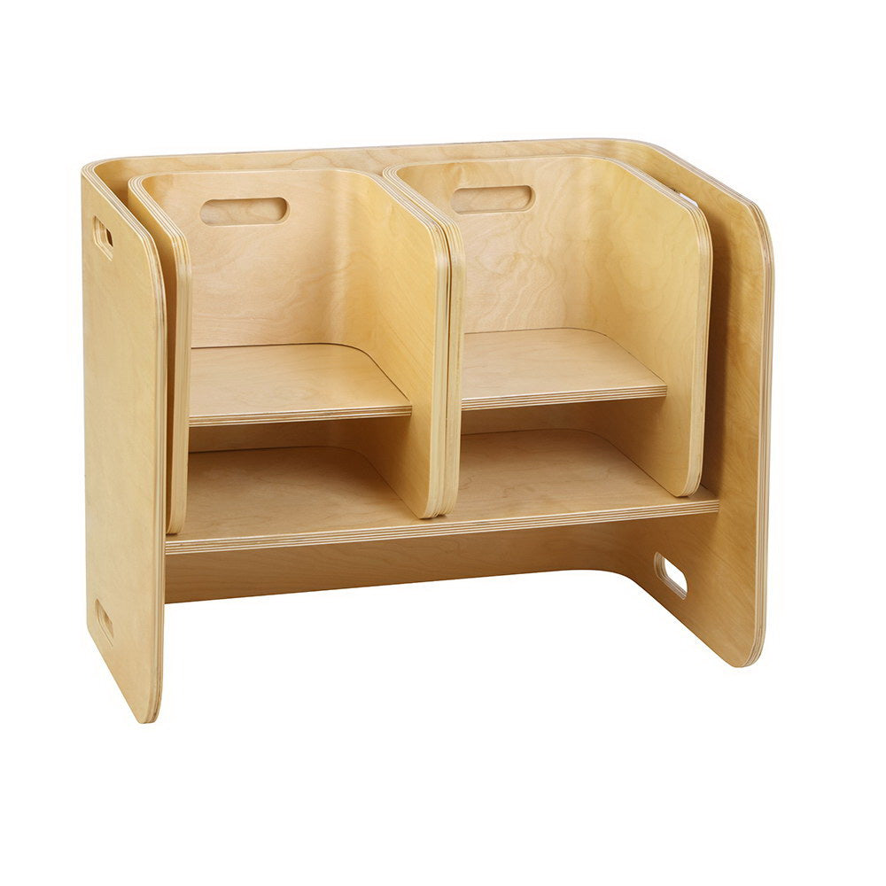 Wooden children's play table with multiple compartments on a white background