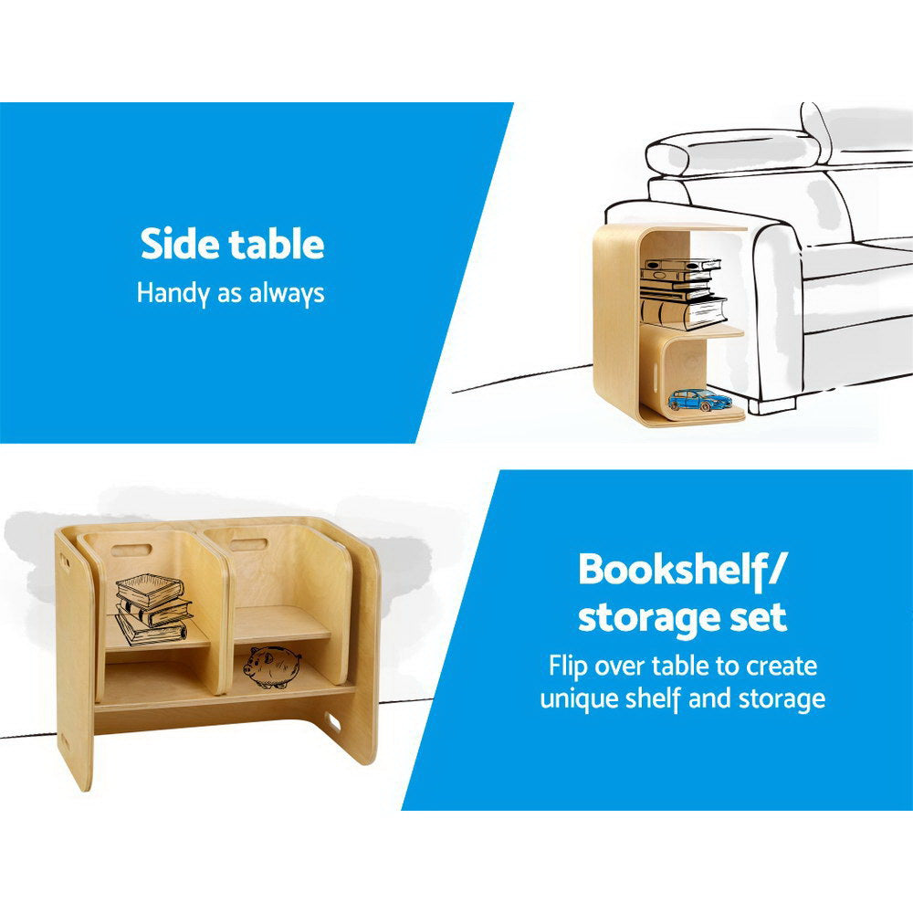 Wooden side table and bookshelf/storage set with text indicating its versatility.