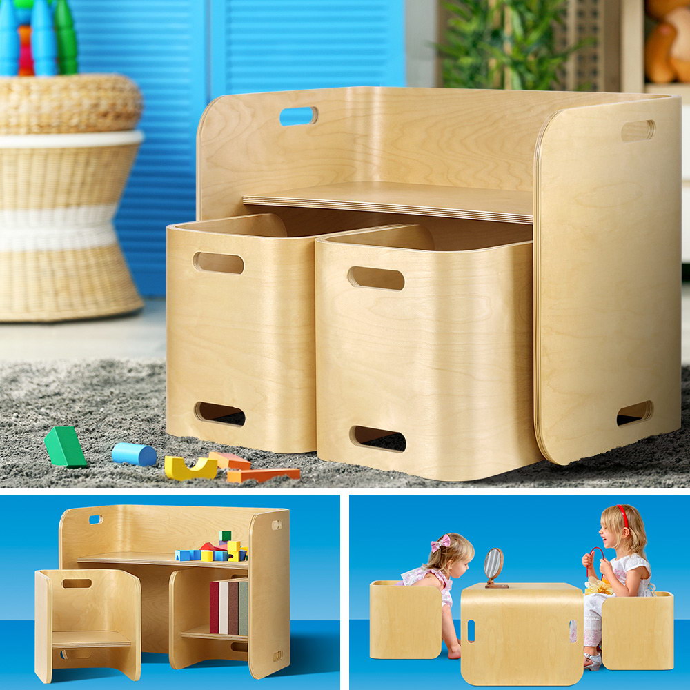 Wooden toy storage bench with two bins, surrounded by toys and children playing.