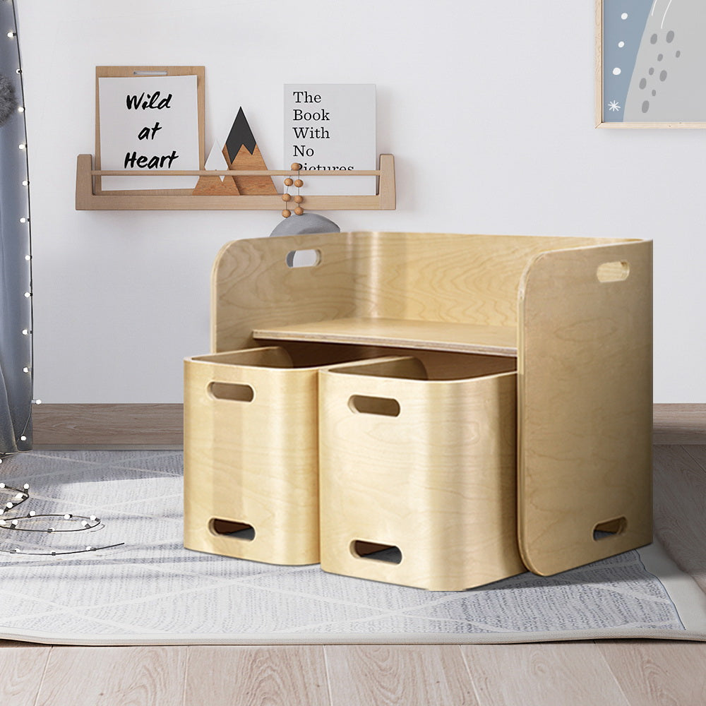 Wooden storage bench with two baskets in a room setting.
