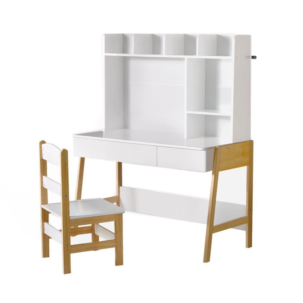 White desk with wooden legs and chairs on a white background