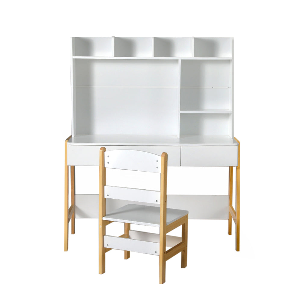 White desk with shelves and a chair on a white background