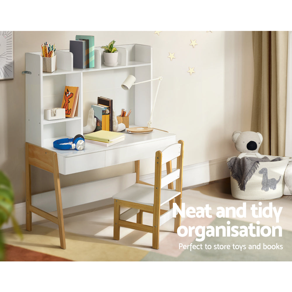 Children's desk with shelves and chair, featuring toys and books, with text 'Neat and tidy organisation'.