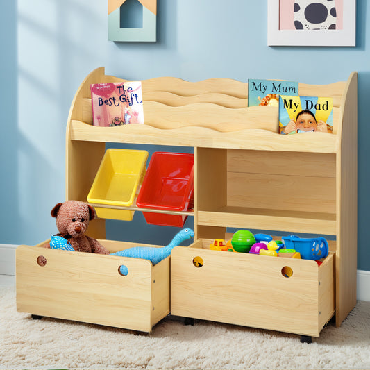 Wooden toy storage unit with books and toys in a child's room.