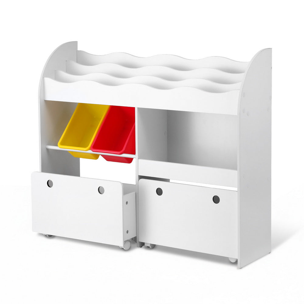 White children's storage unit with colorful bins on a white background