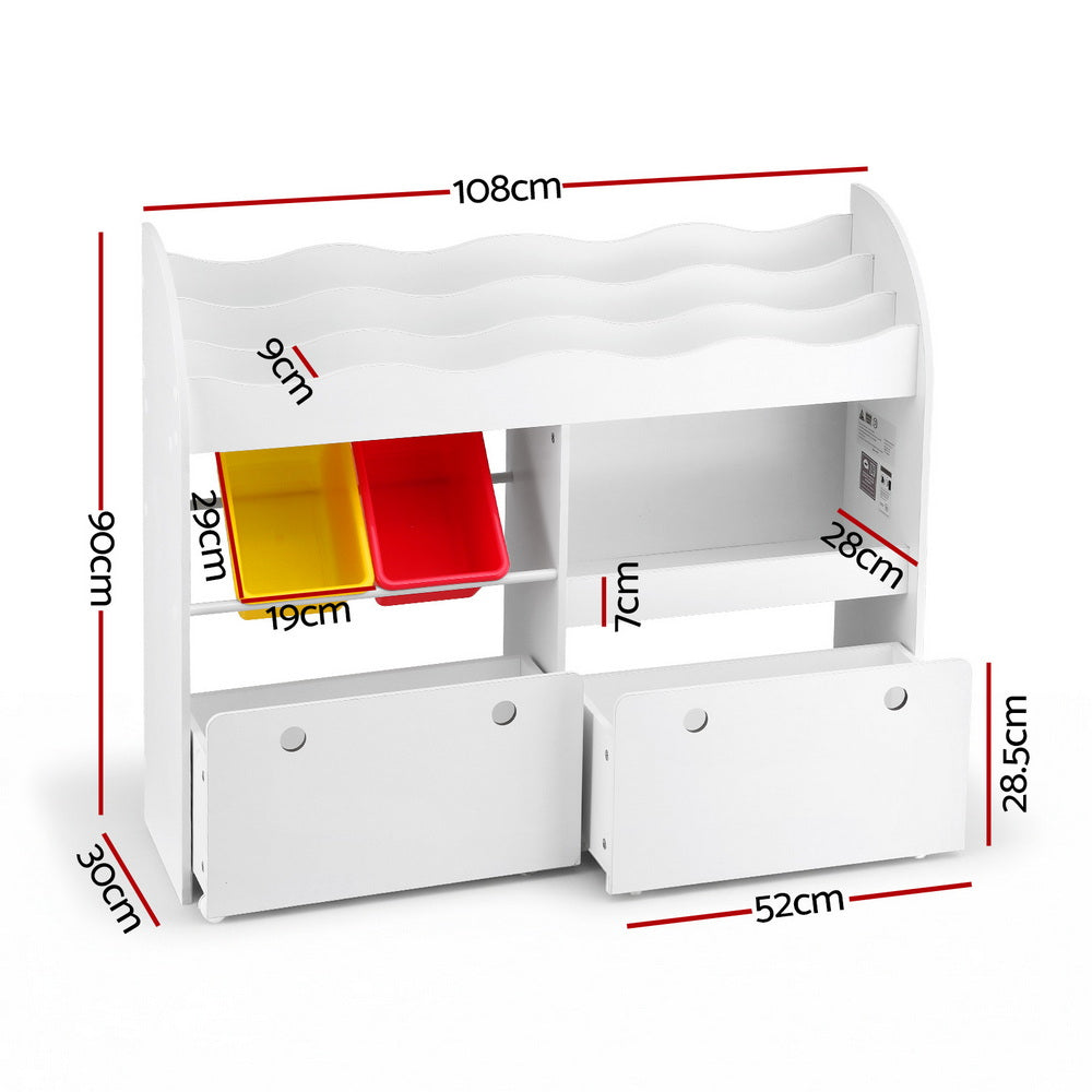 White children's bookshelf with measurements on a white background