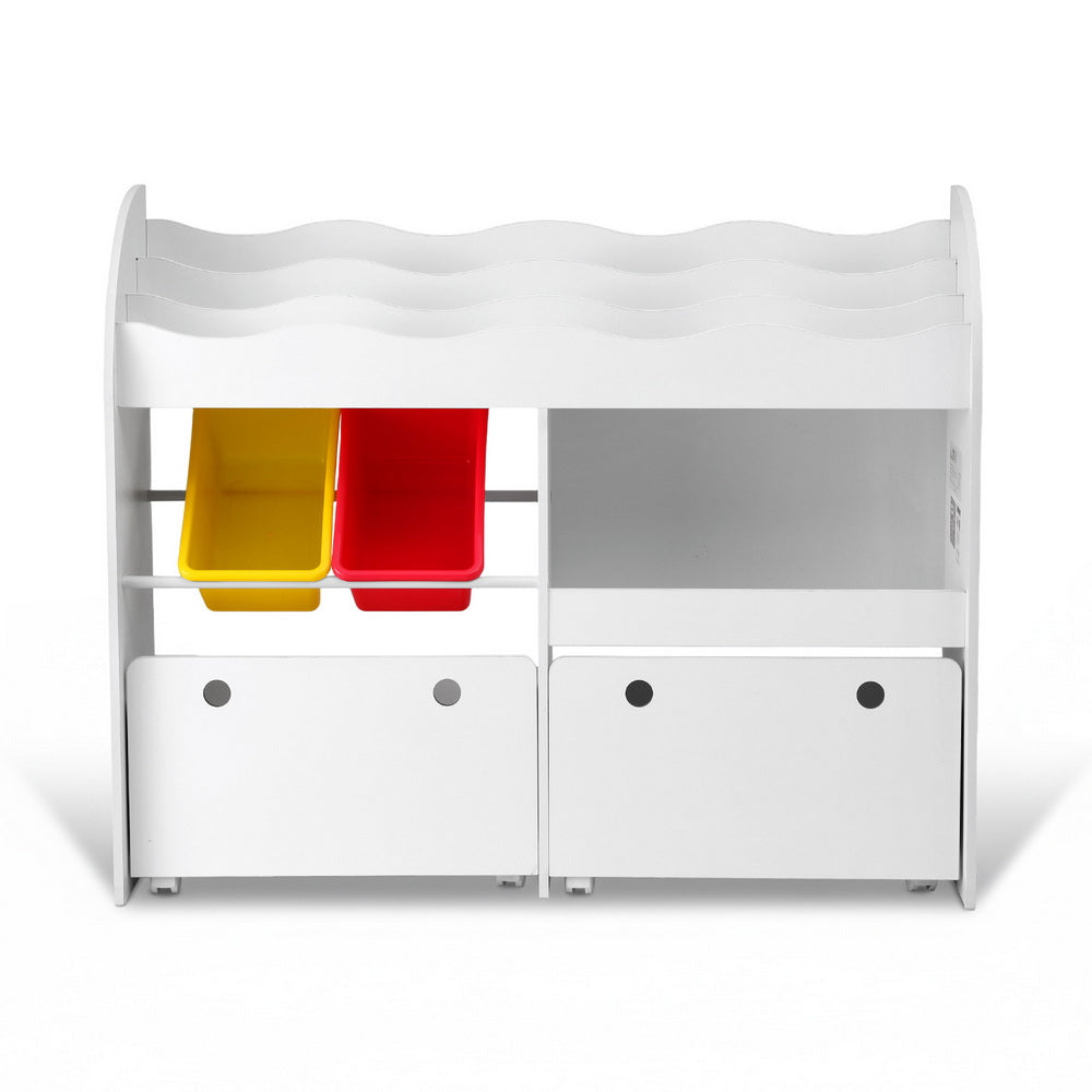 White children's playhouse with colorful bins on a white background