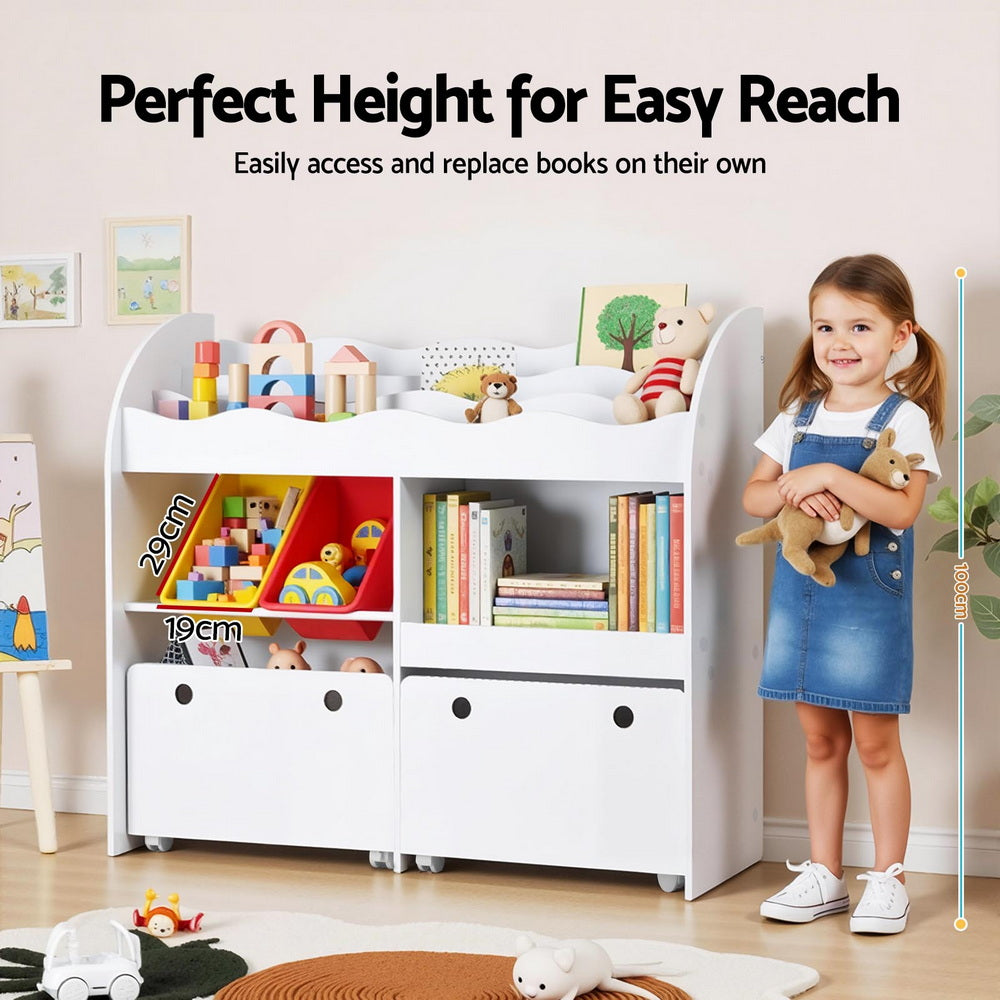 Children's bookshelf with toys and books, height adjustable for easy reach, child standing next to it.