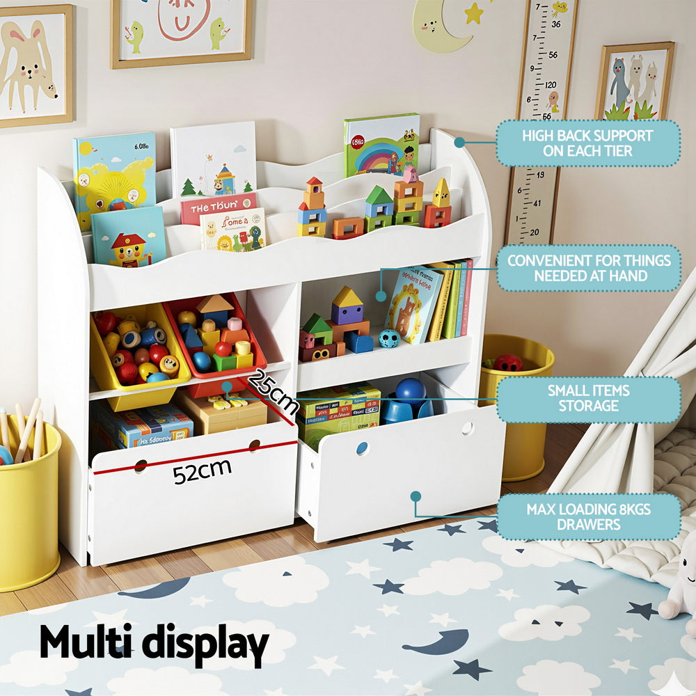White multi-tiered toy organizer with books and toys in a child's room.