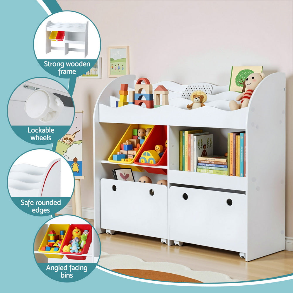 Children's storage unit with toys and books, featuring strong wooden frame, lockable wheels, safe rounded edges, and angled facing bins.