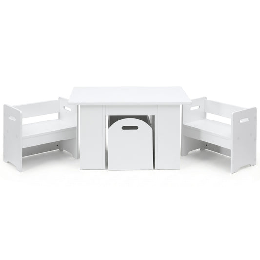 White corner playhouse with storage bins on a white background