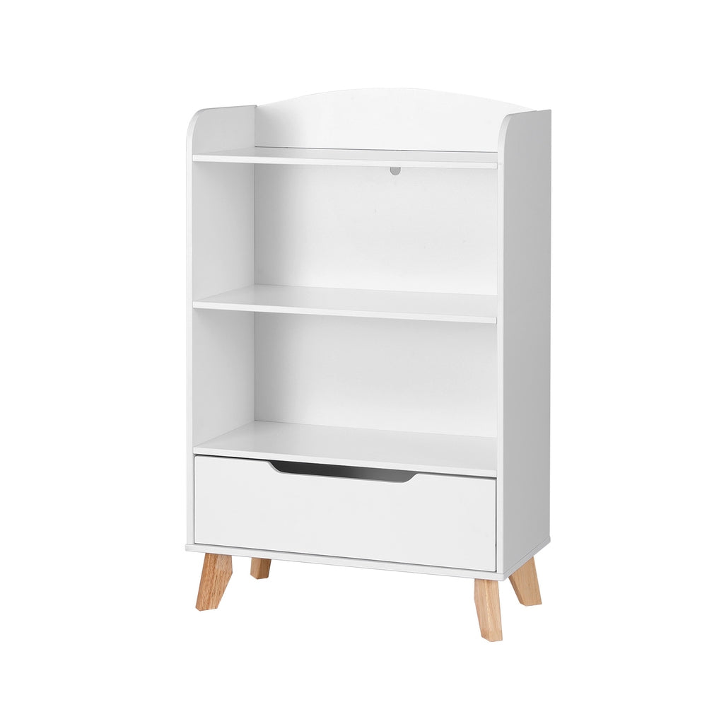 White bookshelf with a drawer on a white background