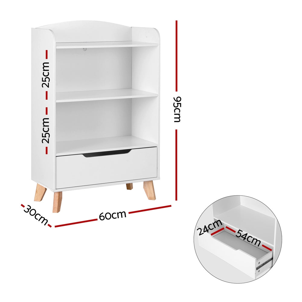 White bookshelf with dimensions marked on a white background