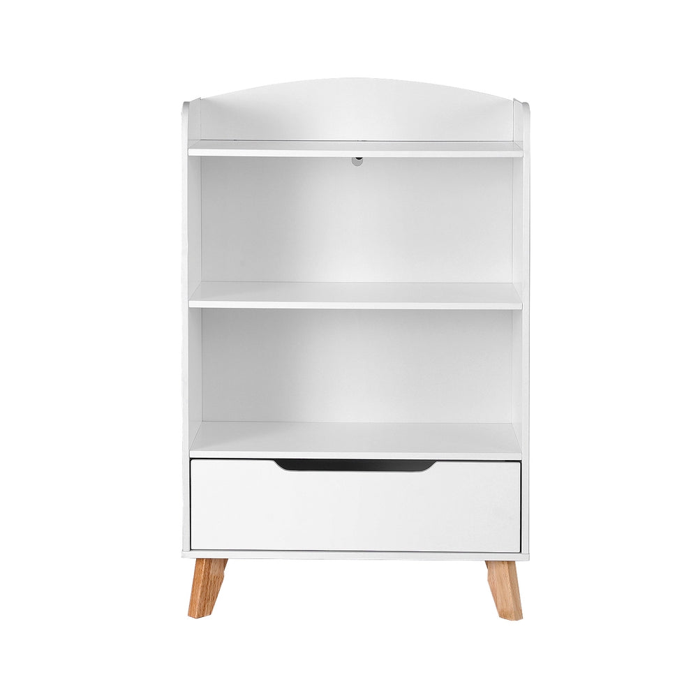 White bookshelf with a drawer and wooden legs on a white background