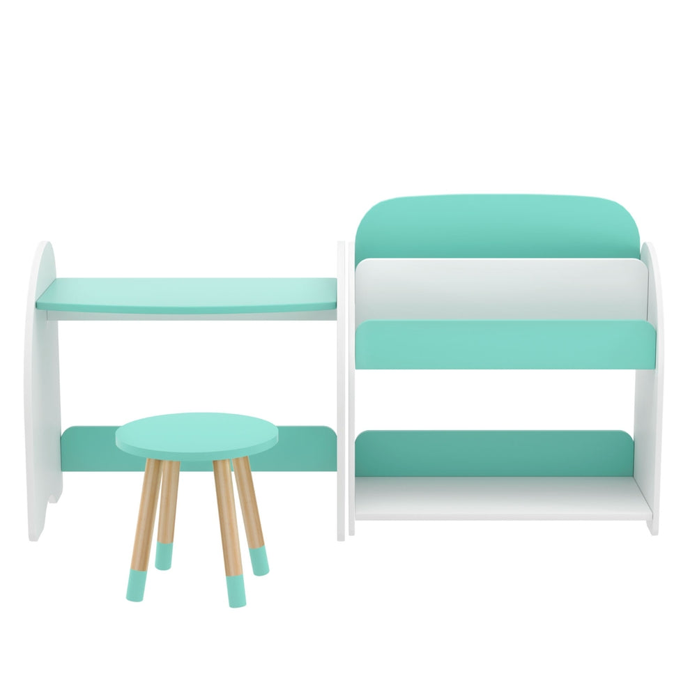 Children's desk with shelves and a stool on a white background