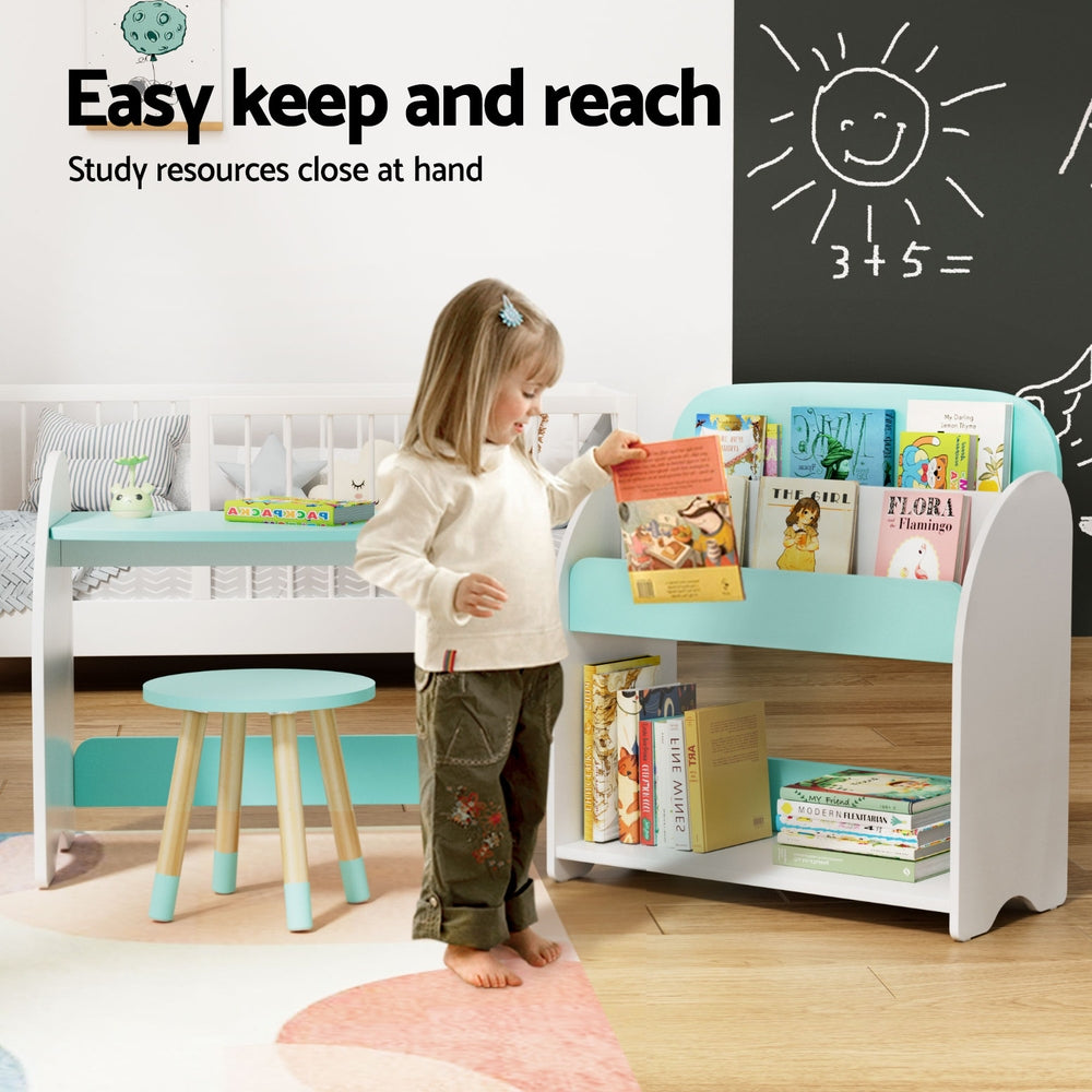 Child interacting with a bookshelf in a room with educational decor