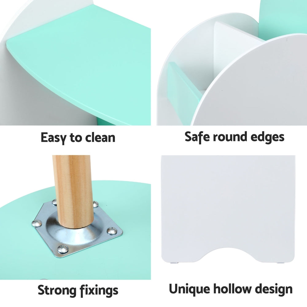 Product features including ease of cleaning, safe round edges, strong fixings, and unique hollow design on a light blue background.
