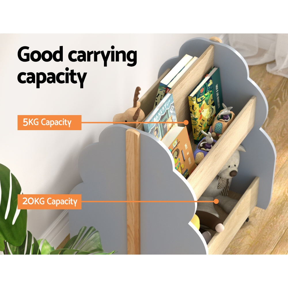 Children's toy storage shelf with capacity indicators on a light background