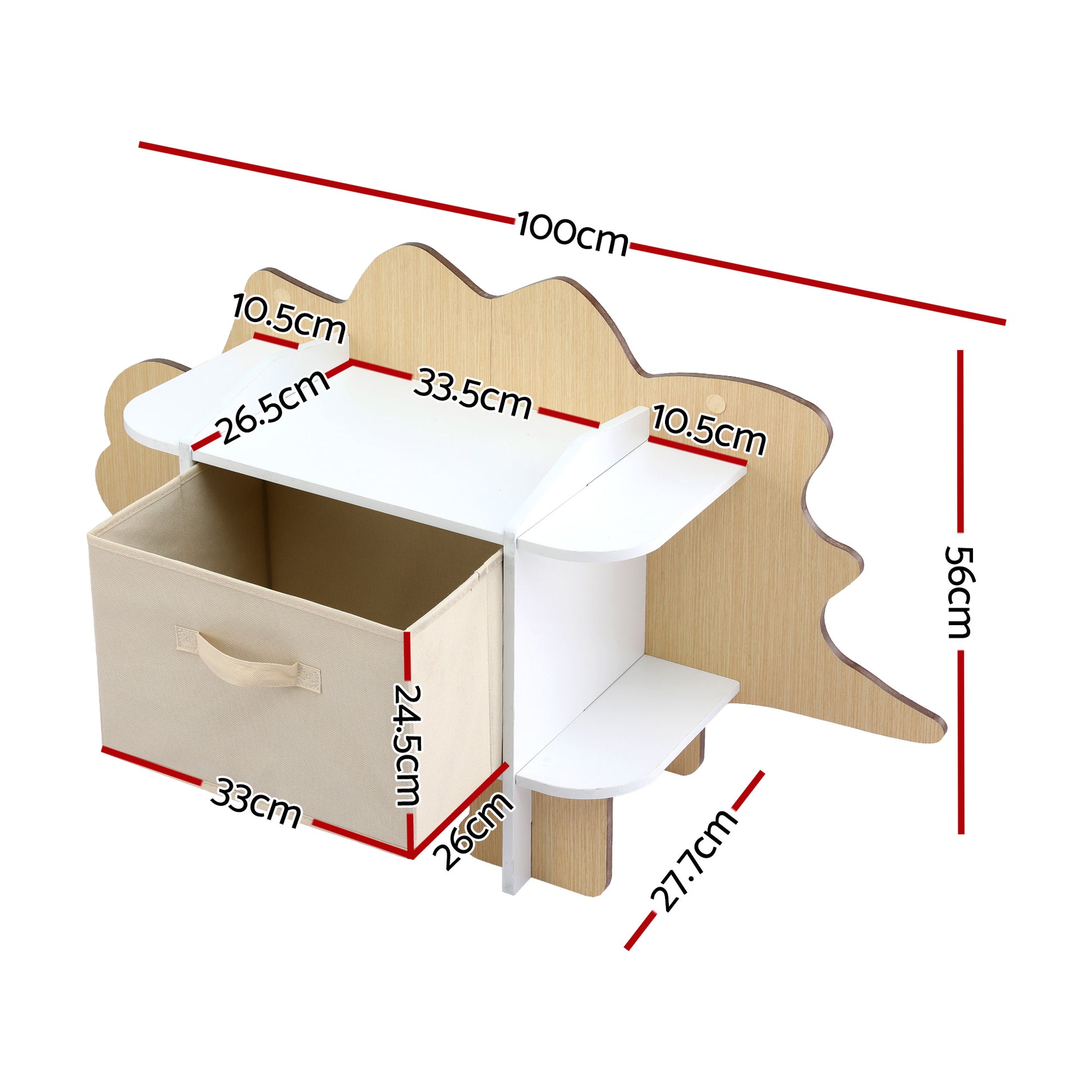 Wooden toy box with dimensions labeled on a white background
