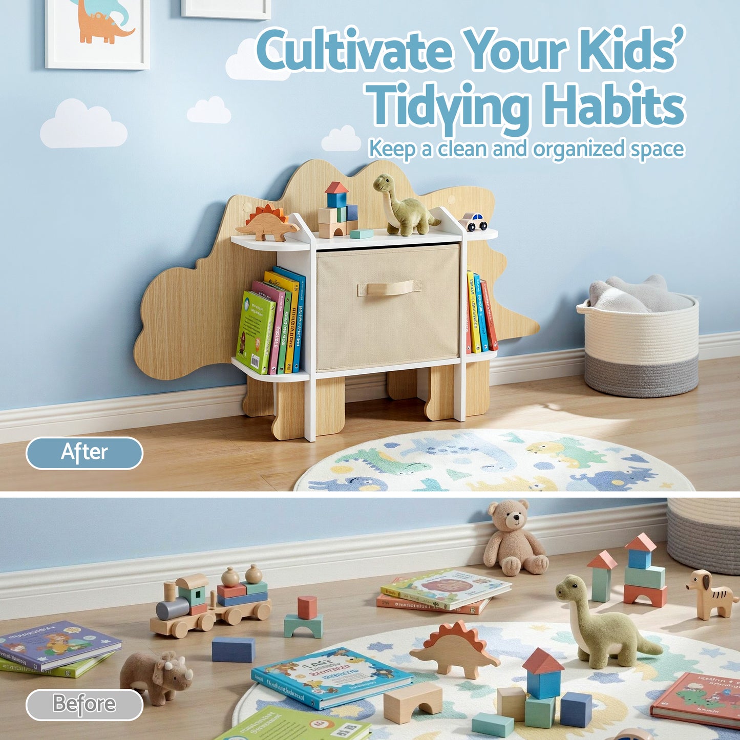 Before and after comparison of a child's room with organized toys and furniture.