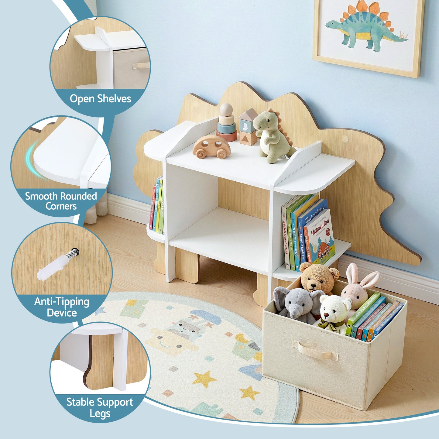 Keezi Dinosaur Kids Bookshelf 2-Tier Children's Bookcase Wooden with Fabric Drawer, Toddler Bookshelf Toy Storage Organizer
