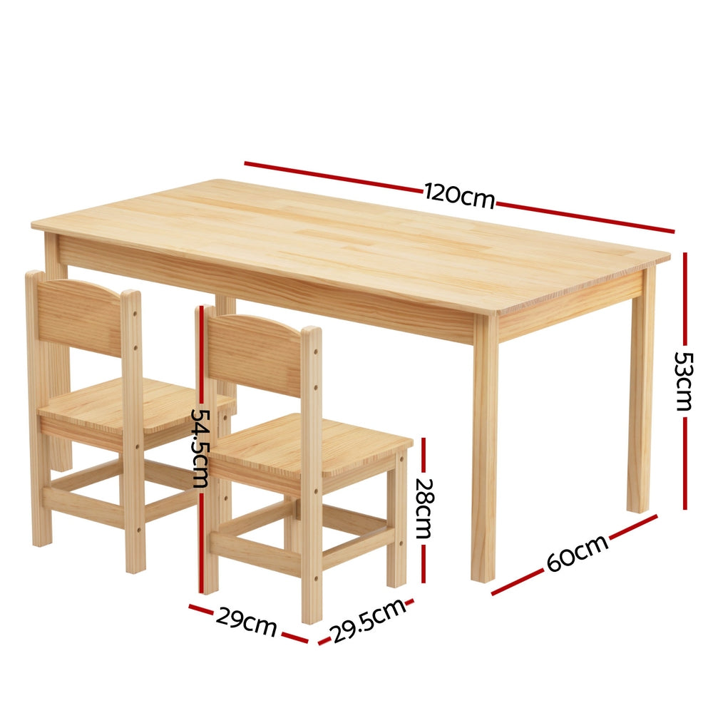 Wooden table and chairs set on a white background with measurements