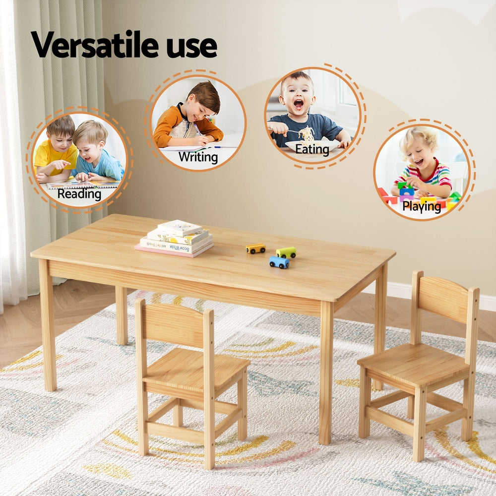 Wooden children's table and chairs with various activities depicted around it.