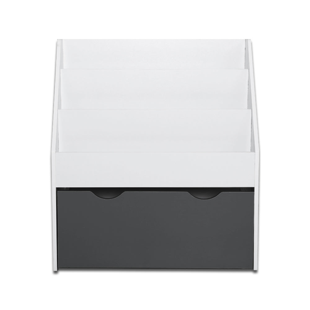 White and black storage unit with a drawer on a white background