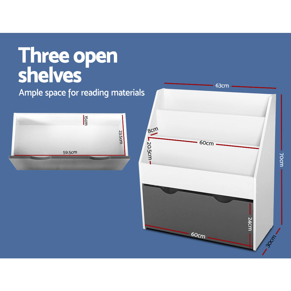 White bookshelf with dimensions on a blue background