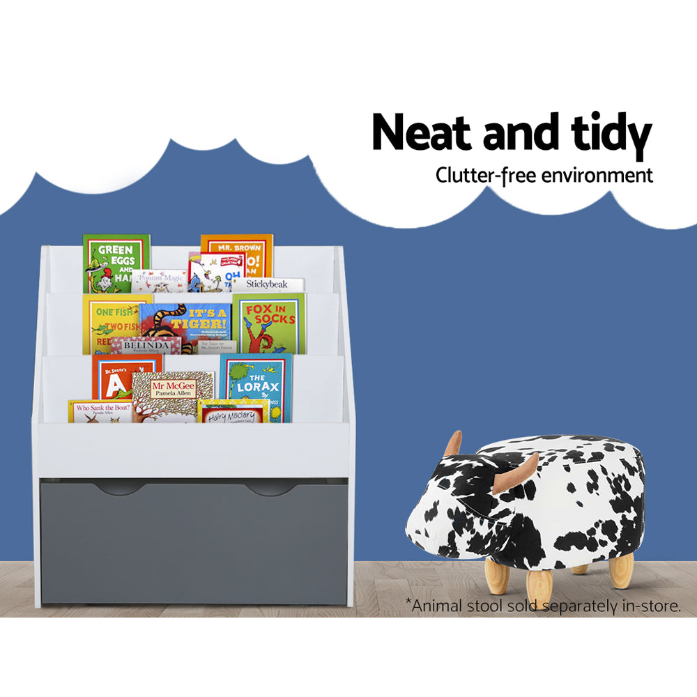 Bookshelf with children's books and a cow-shaped stool against a blue background with text 'Neat and tidy Clutter-free environment'.
