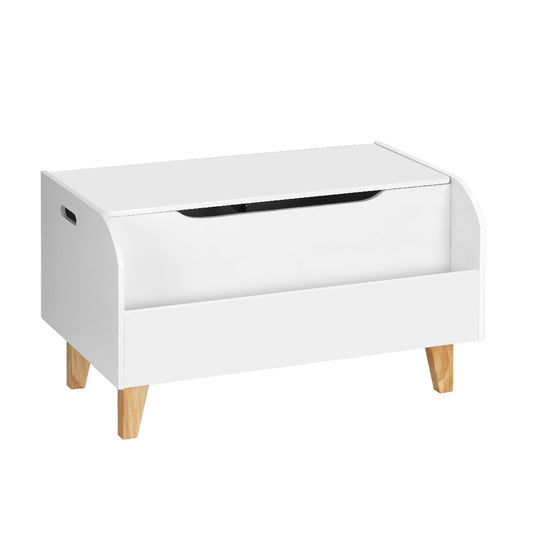 White storage bench with wooden legs on a white background