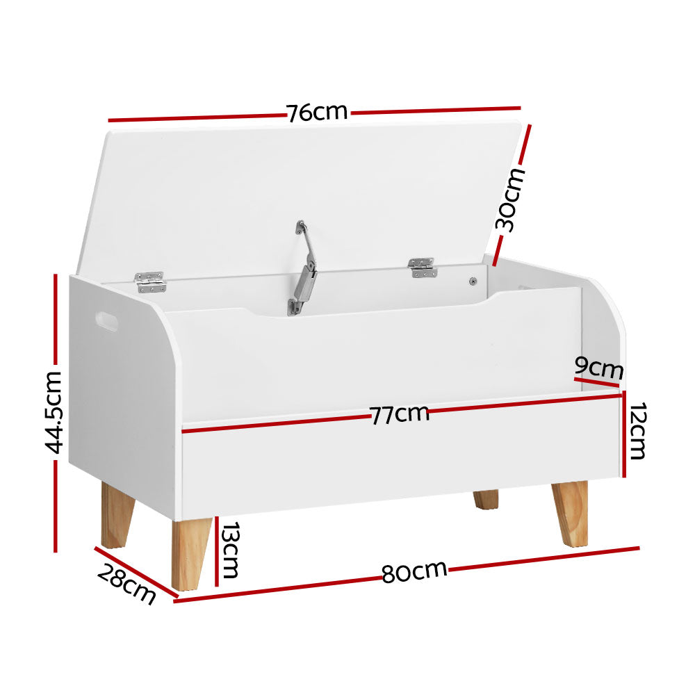 White storage bench with dimensions labeled on a white background