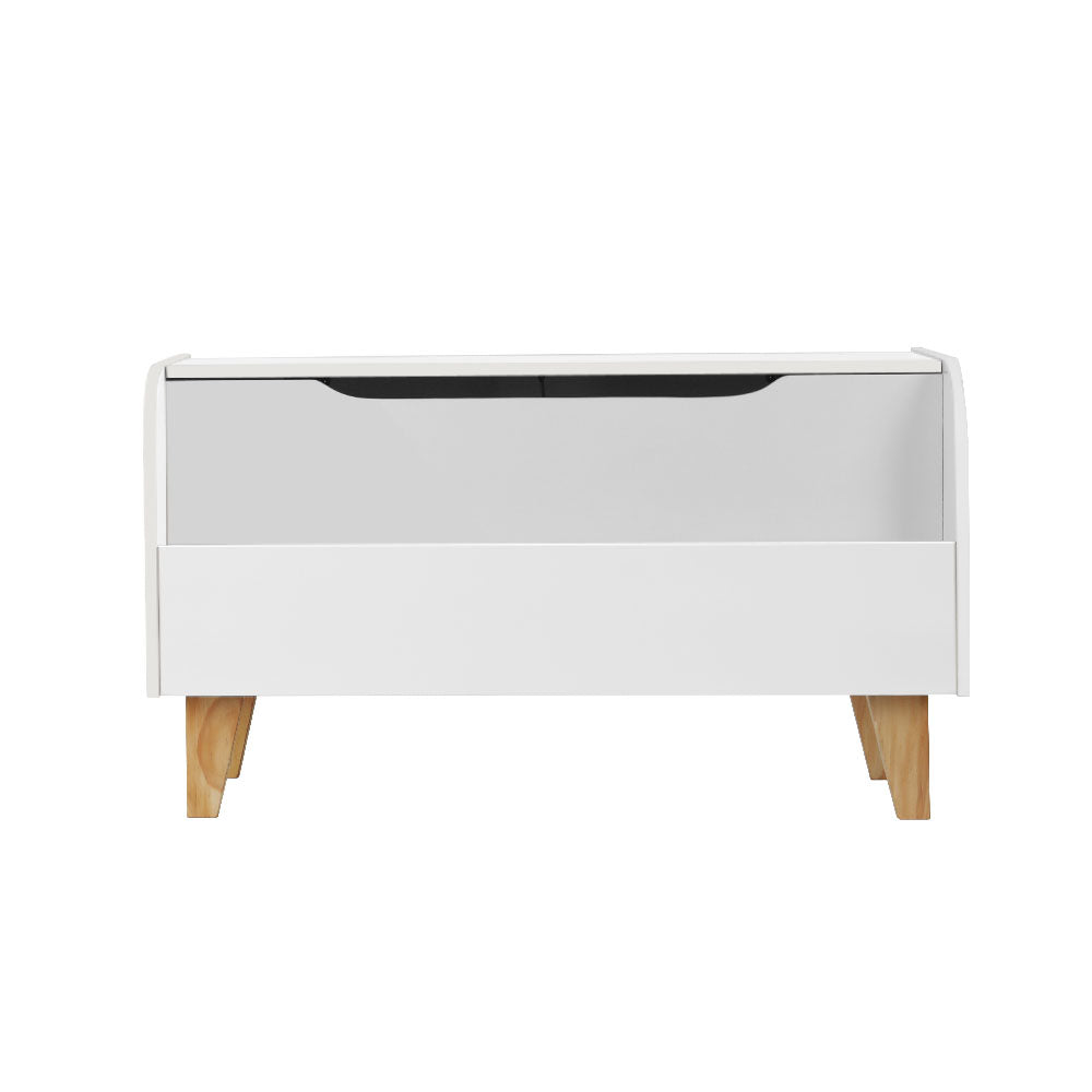 White storage bench with wooden legs on a white background