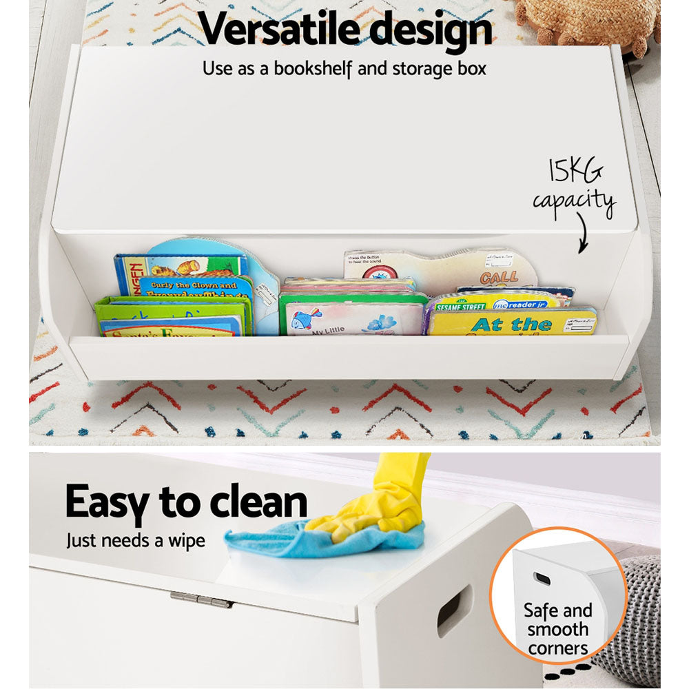 White storage unit with shelves, books, and cleaning illustration, labeled 'Versatile design' and 'Easy to clean'.