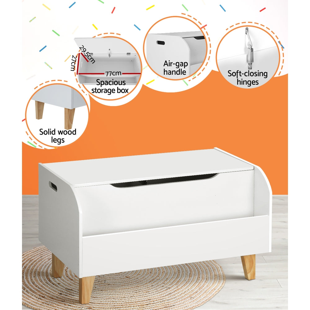 White storage bench with wooden legs on a light wood floor, featuring text highlights on features.