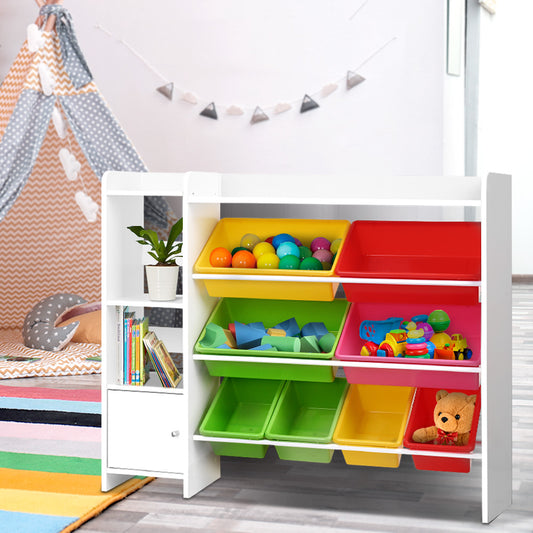 Children's playroom with a colorful storage unit, toys, and a tent.