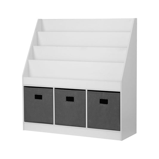 White toy storage shelf with three gray bins on a white background