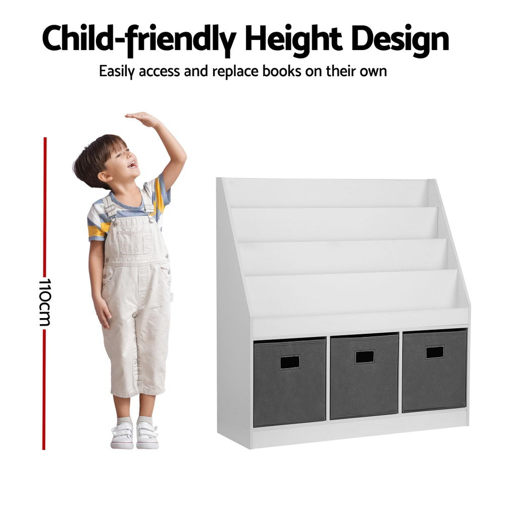 White bookshelf with gray bins next to a child measuring 100cm, highlighting child-friendly height design.