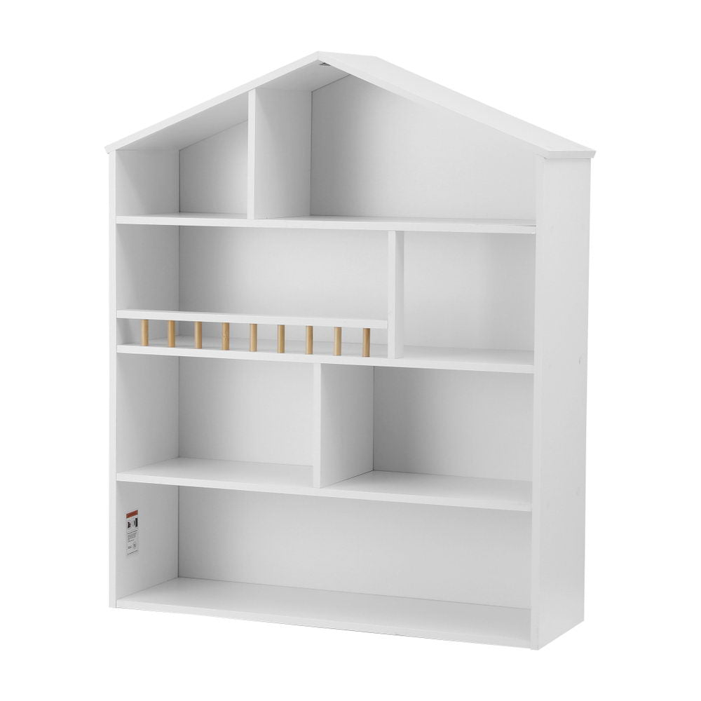 White dollhouse bookshelf with multiple shelves on a white background