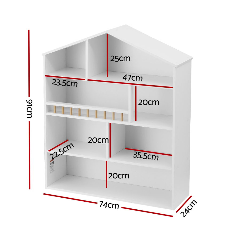 White bookshelf with dimensions marked on a white background