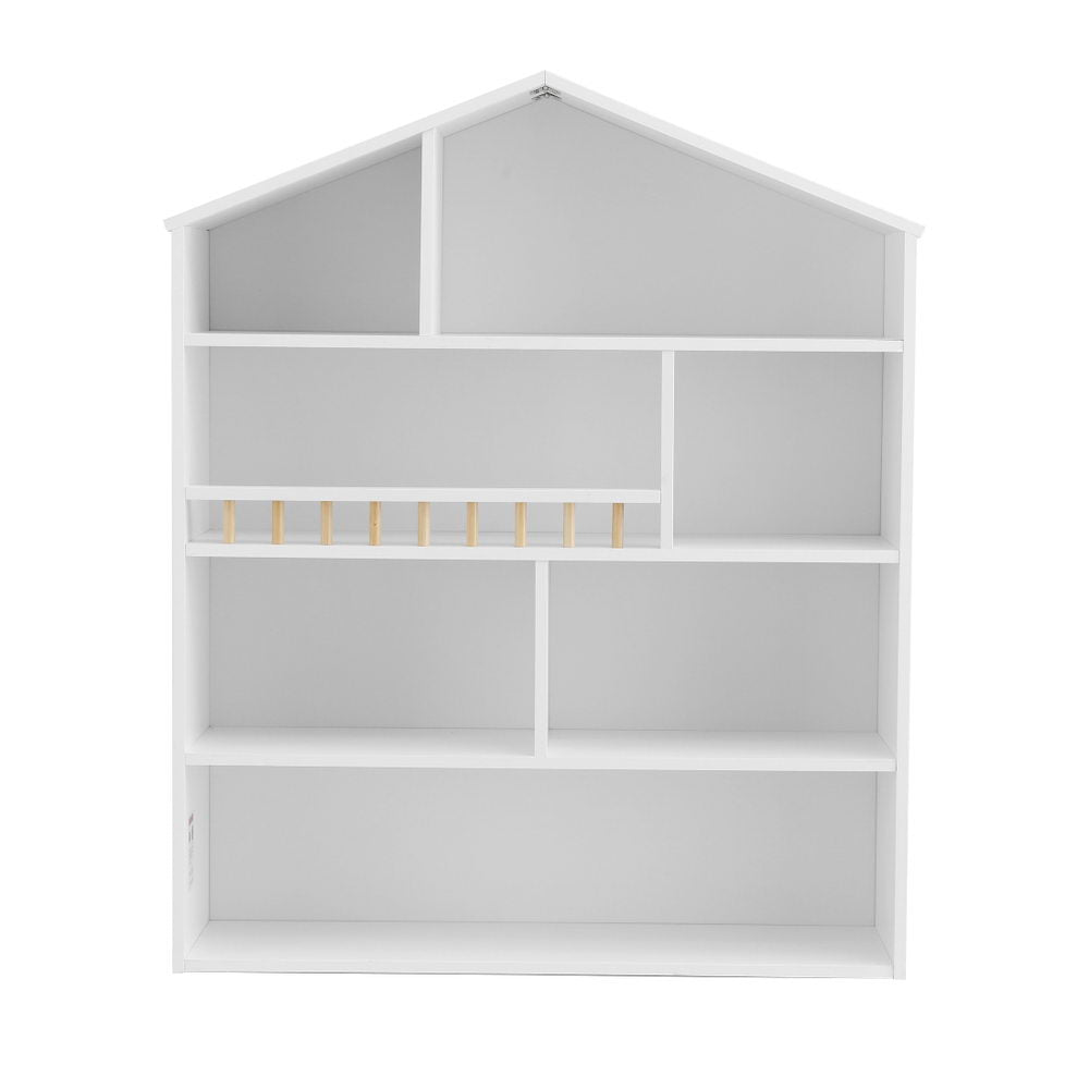White children's bookshelf with multiple compartments on a white background