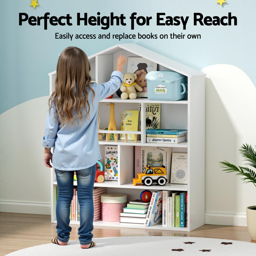 Child reaching up to a white bookshelf filled with toys and books, with text indicating it's 'Perfect Height for Easy Reach'.